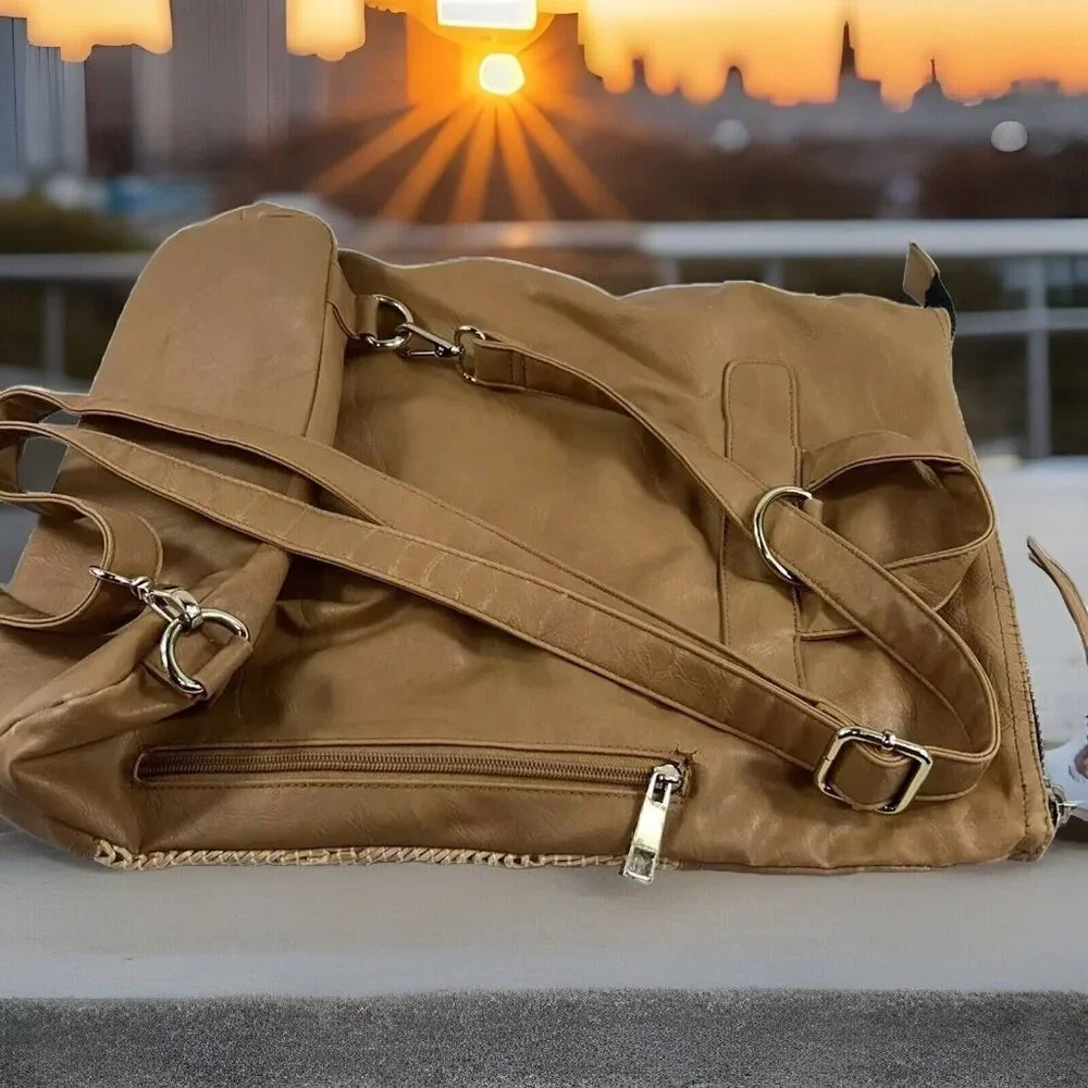 POVERTY FLATS FAUX LEATHER Boho BACKPACK Bag Purse‎ Brown/Yellow Geo Design